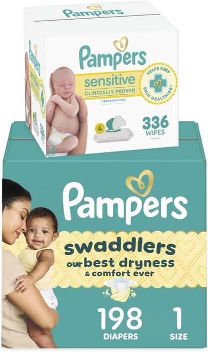 Pampers Swaddlers Disposable Baby Diapers Size 1, One Month Supply (198 Count) with Sensitive Water Based Baby Wipes 6X Pop-Top Packs (336 Count)