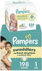 Pampers Swaddlers Disposable Baby Diapers Size 1, One Month Supply (198 Count) with Sensitive Water Based Baby Wipes 6X Pop-Top Packs (336 Count)
