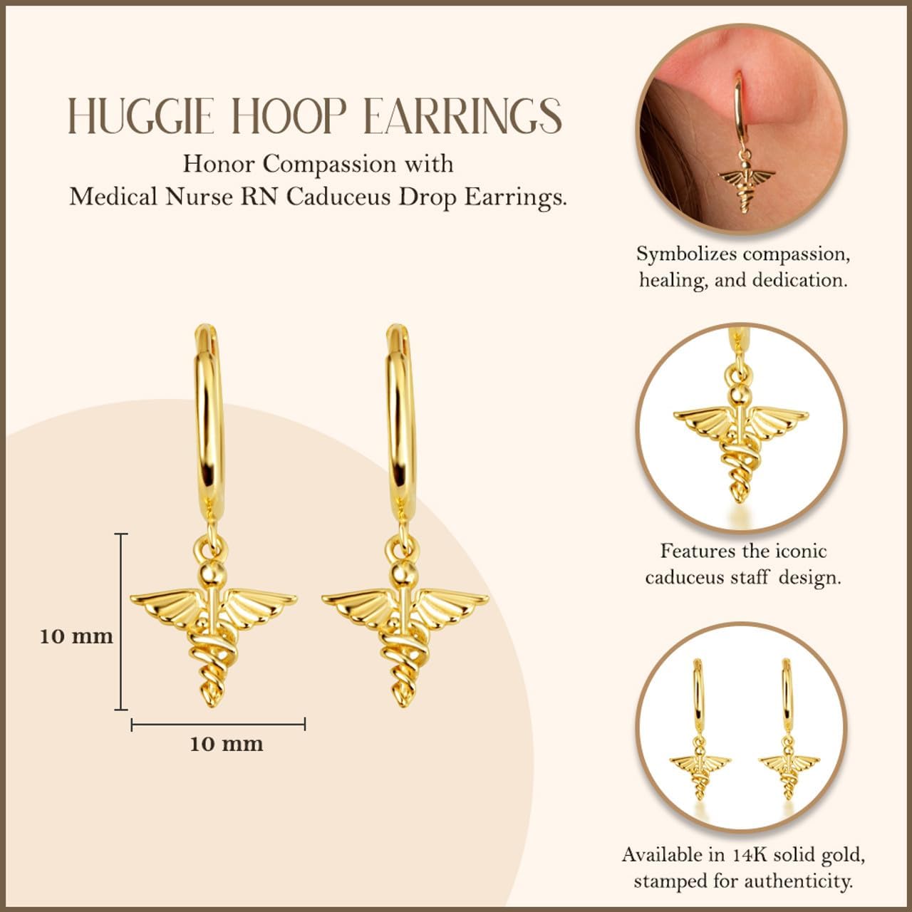 Claddagh Gold 14K Yellow Gold Medical Nurse RN Caduceus Staff Drop Earrings
