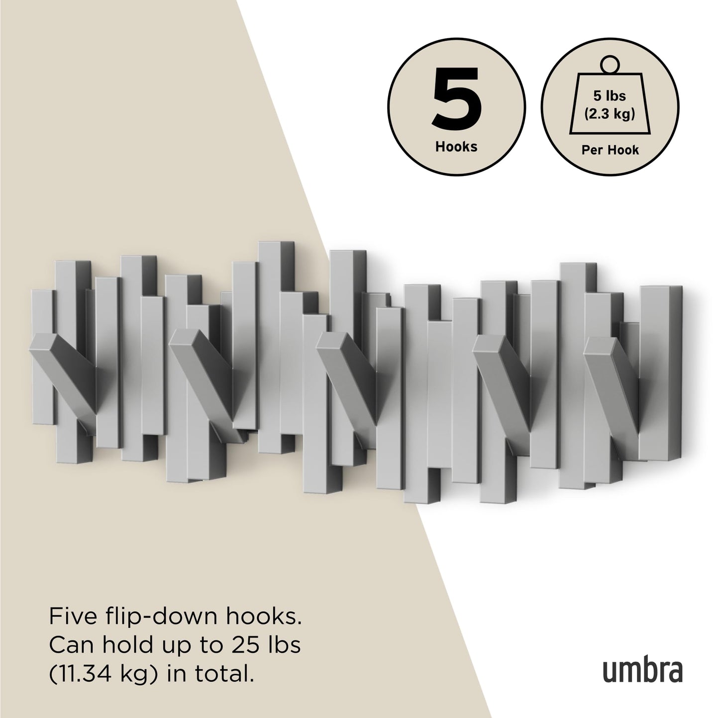 Umbra Sticks Wall-Mounted Coat Rack Rail Hook with 5 Retractable Pegs – Modern, Space-Saving Storage Organizer, Black