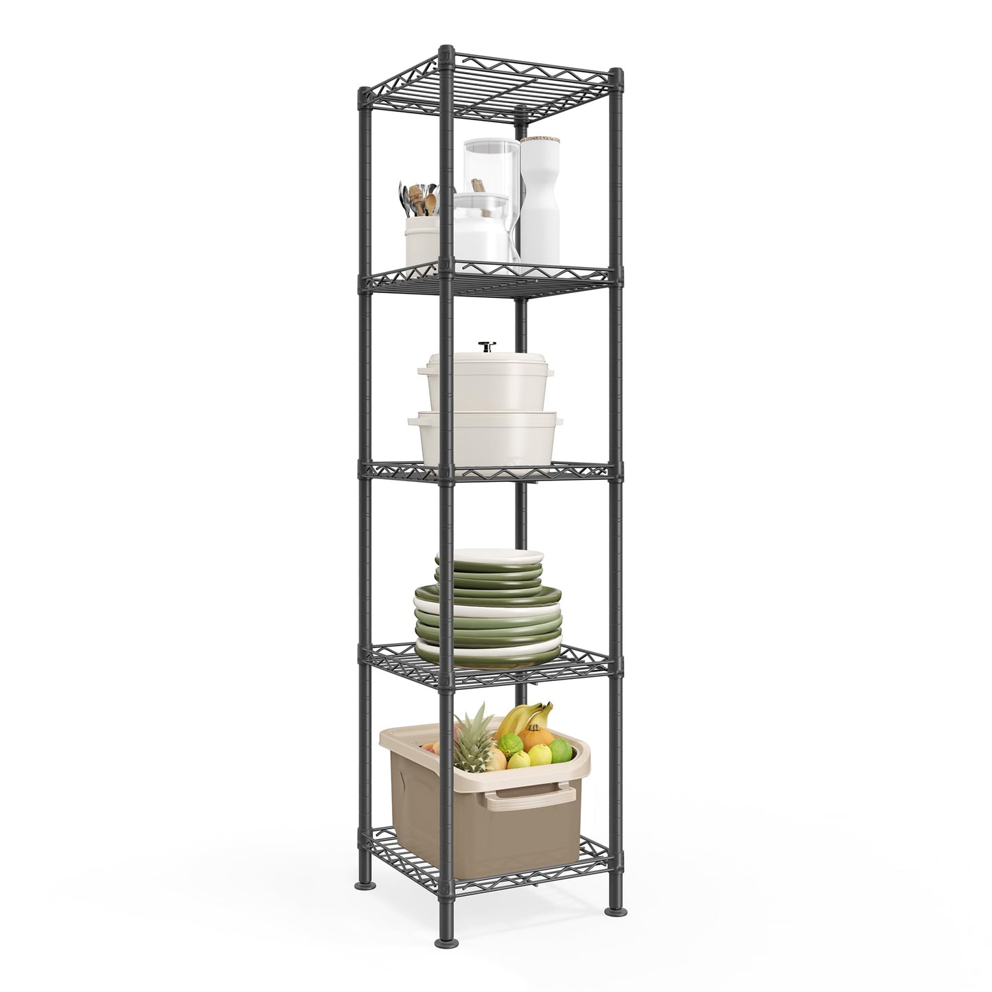 SONGMICS Storage Shelf, Small Metal Wire Shelving Unit, Adjustable Shelves, for Small Spaces, Garage, Bedroom, Living Room, Kitchen, Pantry, 5 Tier, 11.8 x 11.8 x 47.6 Inches, Ink Black ULGR123BH01