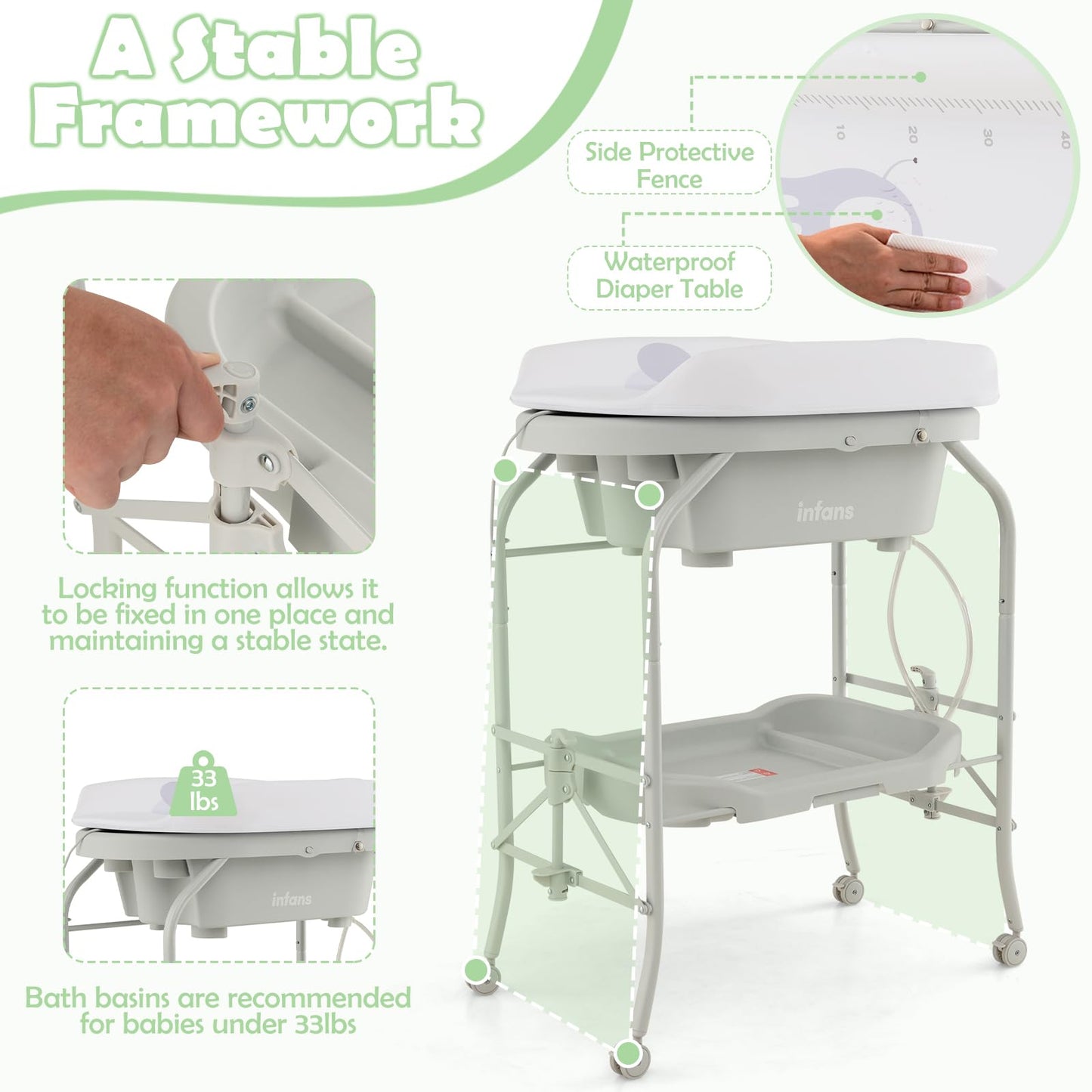INFANS 2 in 1 Baby Changing Table with Bath Tub Unit, Folding Diaper Dresser Station with Wheels Waterproof Pad Storage Rack, Portable Nursery Organizer Stand for Newborn Infant
