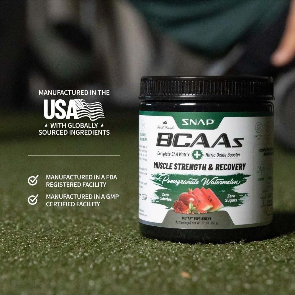 SNAP BCAA Powder Essential Amino Energy Supplement with Nitric Oxide Booster - Watermelon Flavor - Pre Workout Powder, Recovery Supplements Post Workout, Muscle Strength & Performance (30 Servings)
