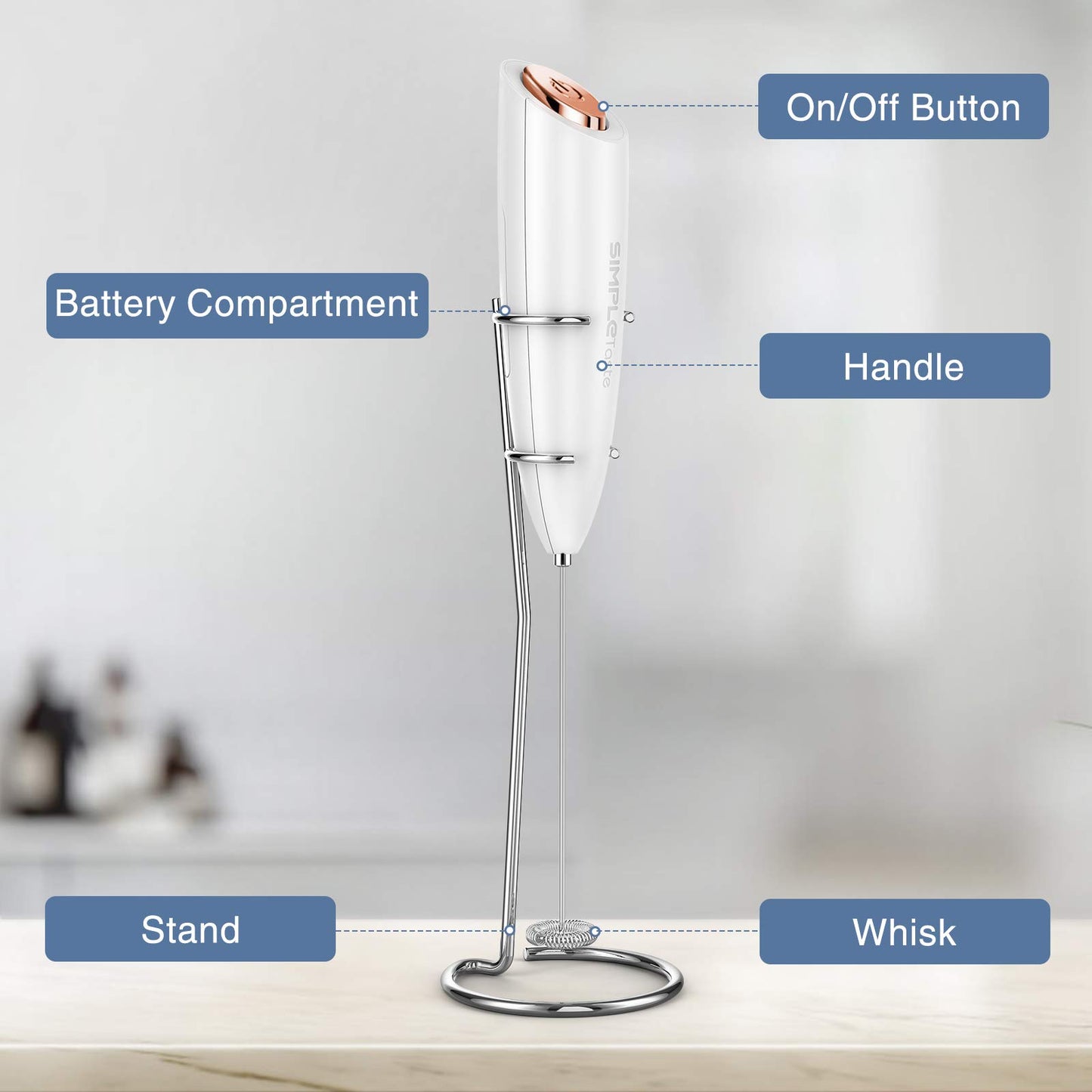 SIMPLETASTE Milchaufschäumer Handheld Elektrischer Quirl, Getränkemixer mit Edelstahl Schneebesen für Cappuccino, Bulletproof Coffee, Latte, mit Ständer, Schwarz, Batteriebetrieben