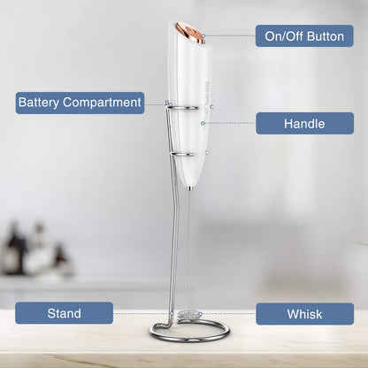 SIMPLETASTE Milchaufschäumer Handheld Elektrischer Quirl, Getränkemixer mit Edelstahl Schneebesen für Cappuccino, Bulletproof Coffee, Latte, mit Ständer, Schwarz, Batteriebetrieben