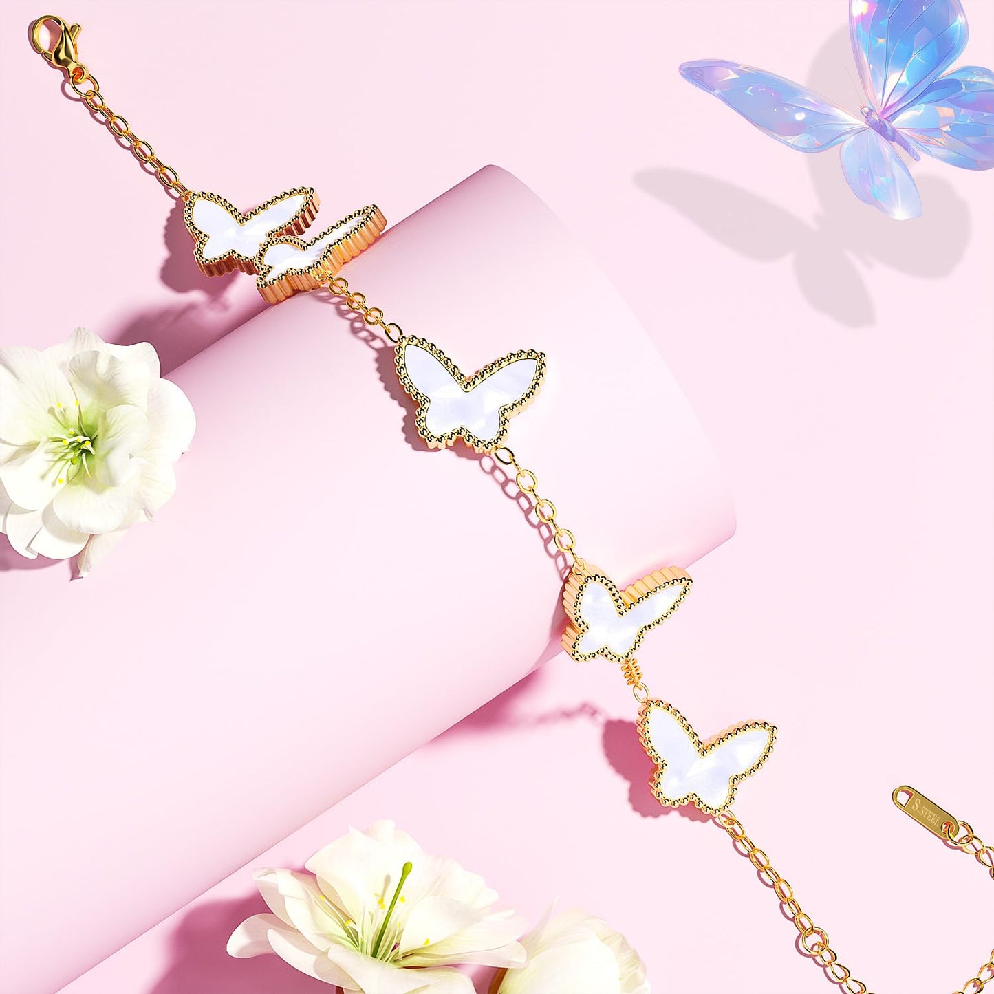 AICase 18K Gold Plated Clover Bracelet Dupes Gold/White/Black Bracelet Set for Women Flower Leaf Lucky Clover Bracelets Trendy Jewelry Birthday Gifts for Women/MoM/Friends