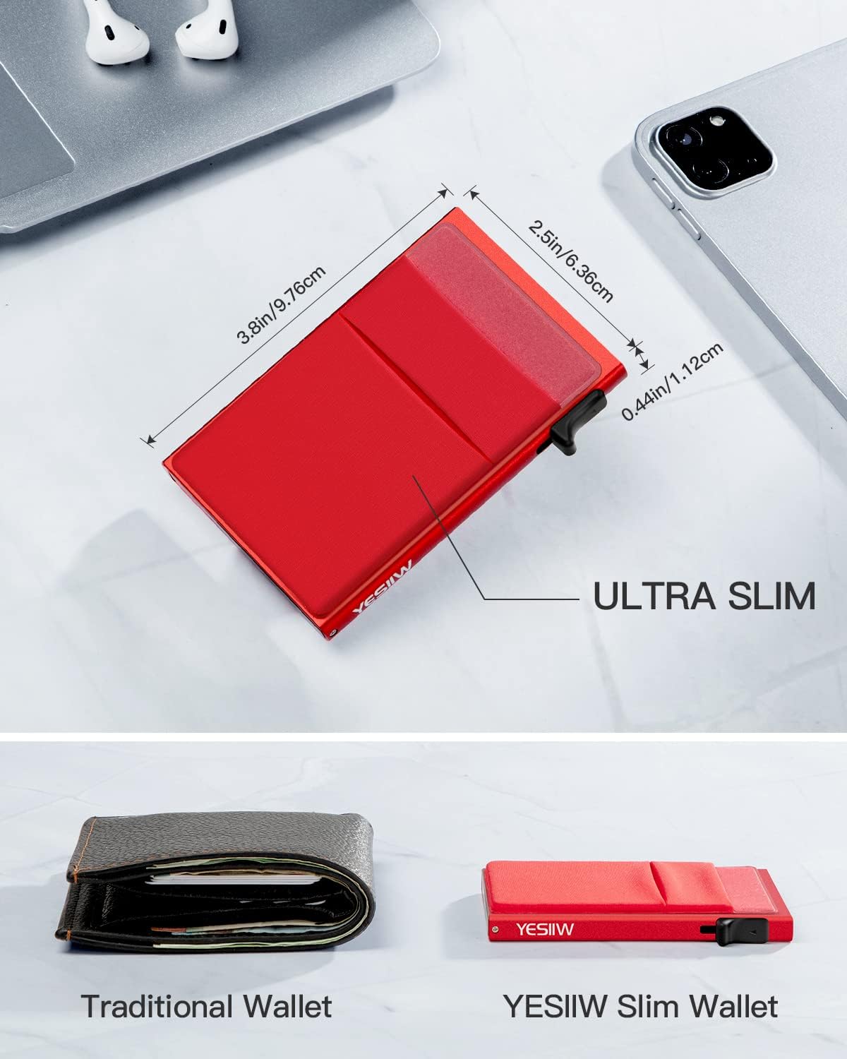 YESIIW Minimalistisches Pop-up-Kartenetui für Herren, RFID-blockierend | Schlankes Visitenkartenetui mit Geldfach | Aluminium-Metall-Bankkartenetui für Scheine, Münzen und Debitkarten