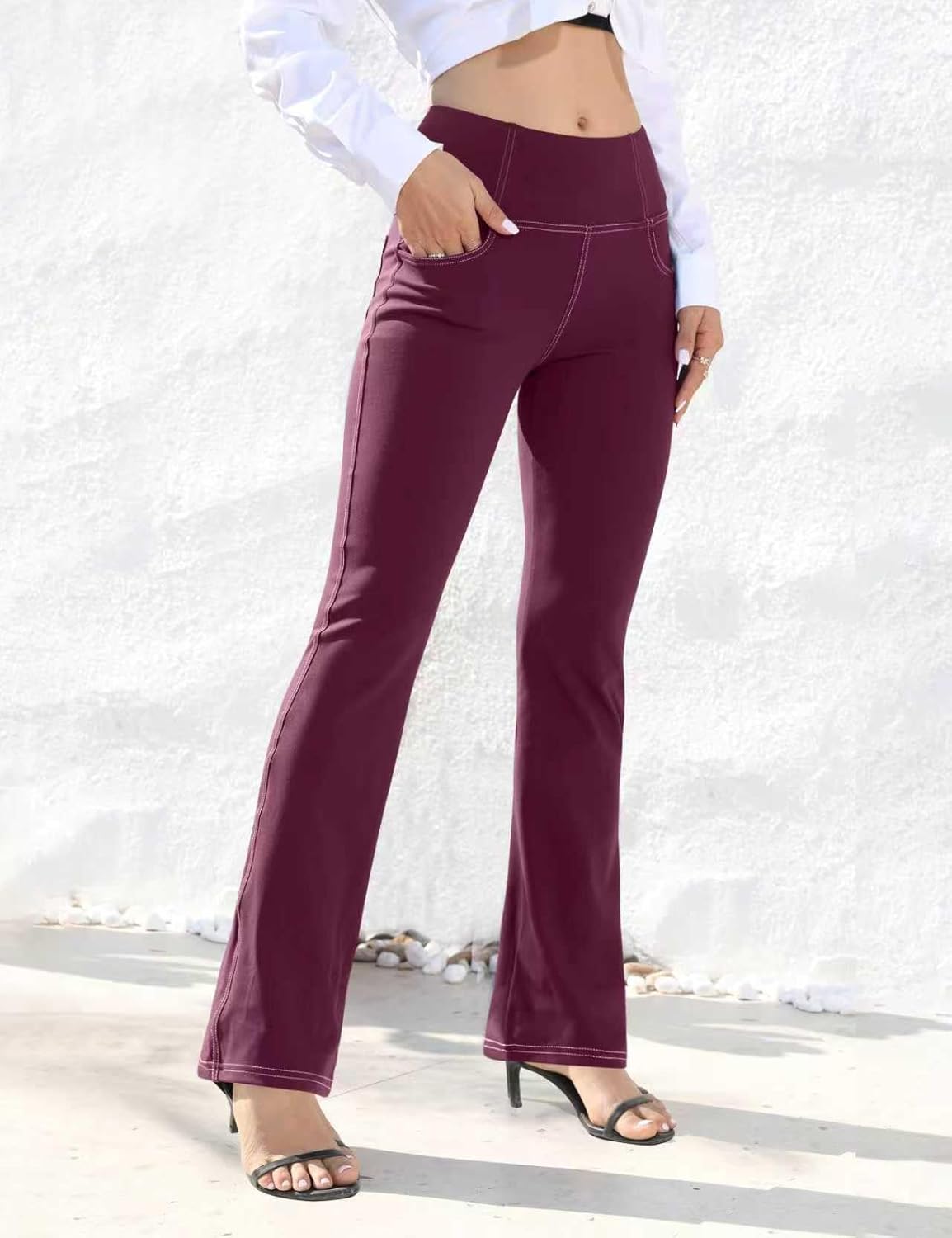 VOOVEEYA Lässige Bootcut Yoga-Hose für Damen, 4 Taschen – Schlagleggings, High Waist, Bauchkontrolle, Bootleg-Arbeitshose