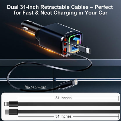 4-in-1 einziehbarer Auto-Ladegerät mit Sternenlicht, 69W USB-C Schnell-Ladegerät, für iPhone 17/16/15/14/13/12/11, Android, Pixel, Zigarettenanzünder-Ladegerät (Lightning+USB-C (Regular))