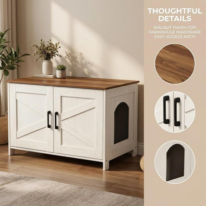 Homhedy Cat Litter Box Enclosure, Wooden Cat Washroom Furniture with Barn Door, Pet House, Fit Most of Litter Box, White