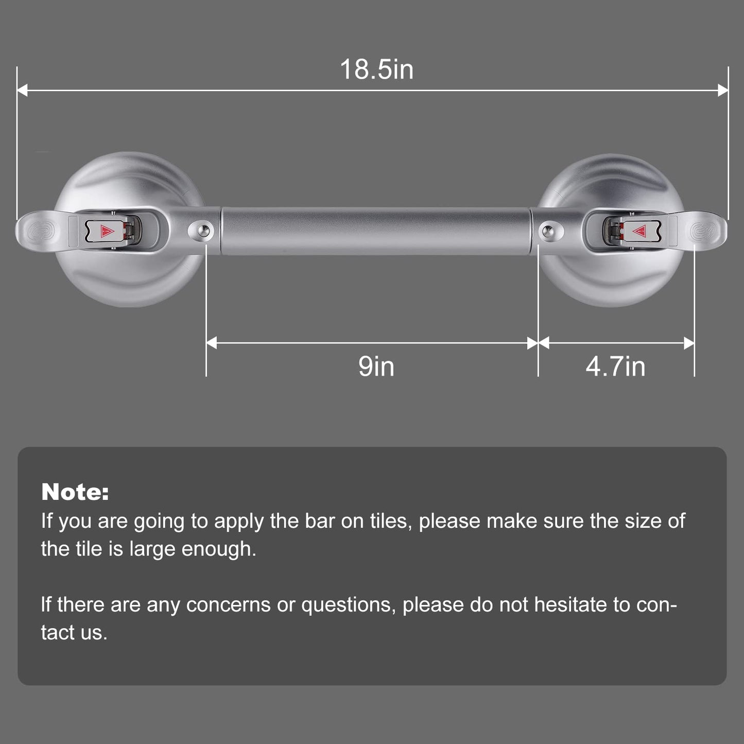 15-Inch Shower Handle - Upgraded Grab Bar with Strong Suction Cups for Bathtub & Shower Safety, Ideal for Seniors, Elderly, Disabled -Silver