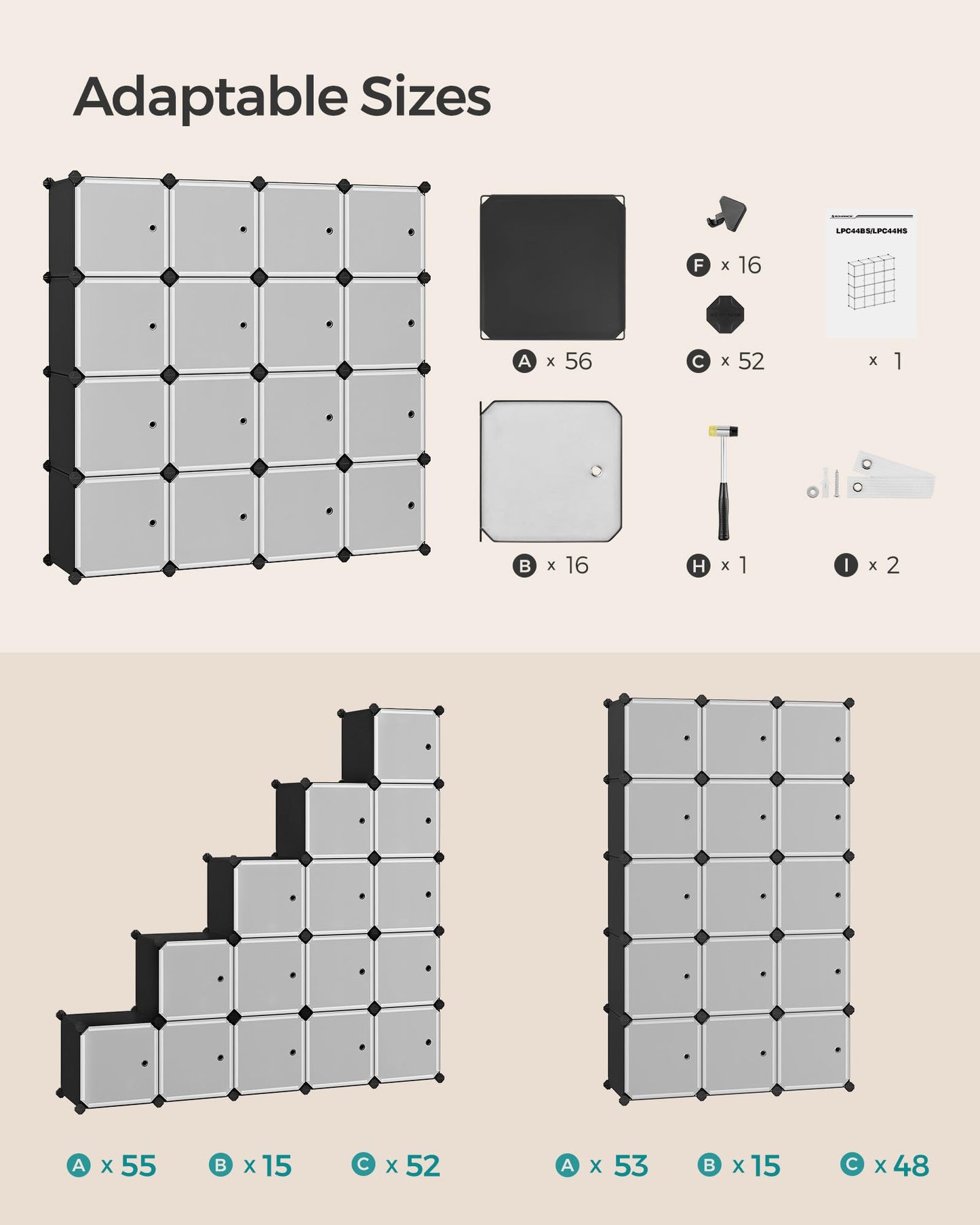 SONGMICS Cube Storage Organizer, Set of 16 Plastic Cubes, Closet Organizers and Storage, Room Organization, Bedroom Living Room, 12.2 x 48.4 x 48.4 Inches, Rustic Brown ULPC442A01