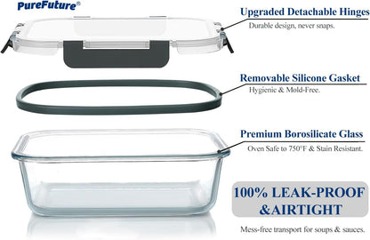 Pure Future 10-teiliges Set (5er-Pack, 1 l) Borosilikatglas-Lebensmittelbehälter mit verbesserten abnehmbaren Verschlussdeckeln – auslaufsichere Essenszubereitungs-Lunchboxen, ofen-/mikrowellengeeignet