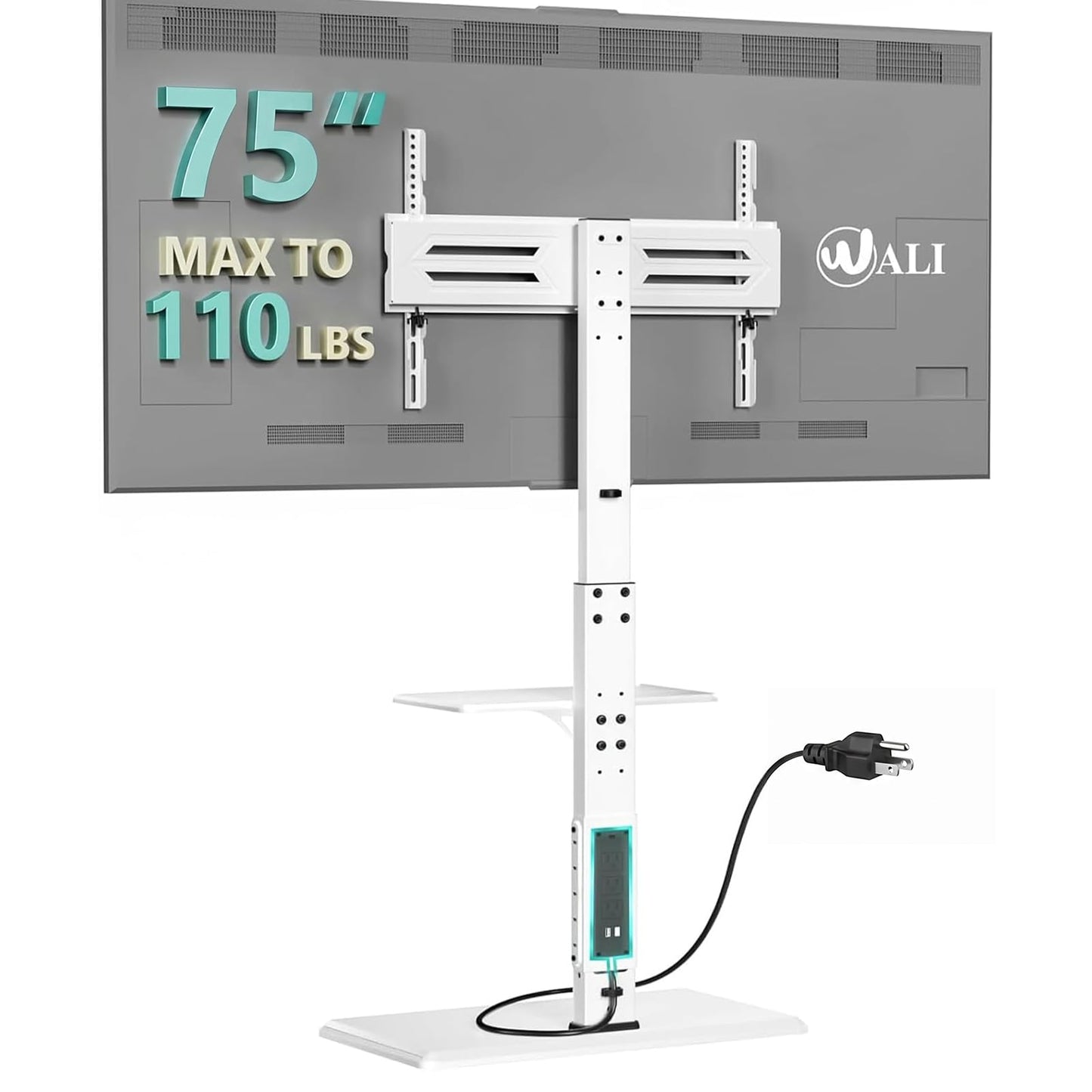 WALI Rolling TV Stand with Power Outlet & AV Shelf, Mobile Tall TV Stand Mount on Wheels for 34-75 inch TV up to 110 lbs, Swivel Height Adjustable TV Cart with Wood Base for Bedroom(TVDVD-6PRW), White