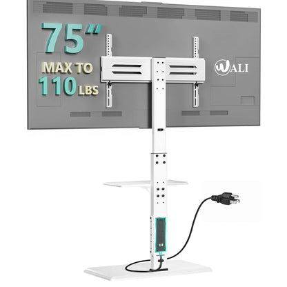 WALI Rolling TV Stand with Power Outlet & AV Shelf, Mobile Tall TV Stand Mount on Wheels for 34-75 inch TV up to 110 lbs, Swivel Height Adjustable TV Cart with Wood Base for Bedroom(TVDVD-6PRW), White