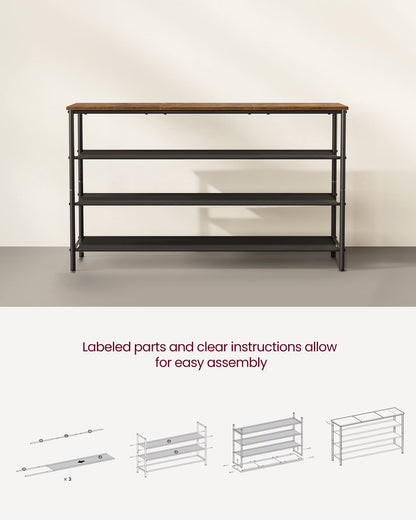 VASAGLE Shoe Rack, 4-Tier Shoe Storage Organizer for Entryway and Closet, Holds 9-12 Pairs of Shoes, 3 Fabric Shelves, Steel Frame, Industrial, Rustic Brown and Black ULBS035B01