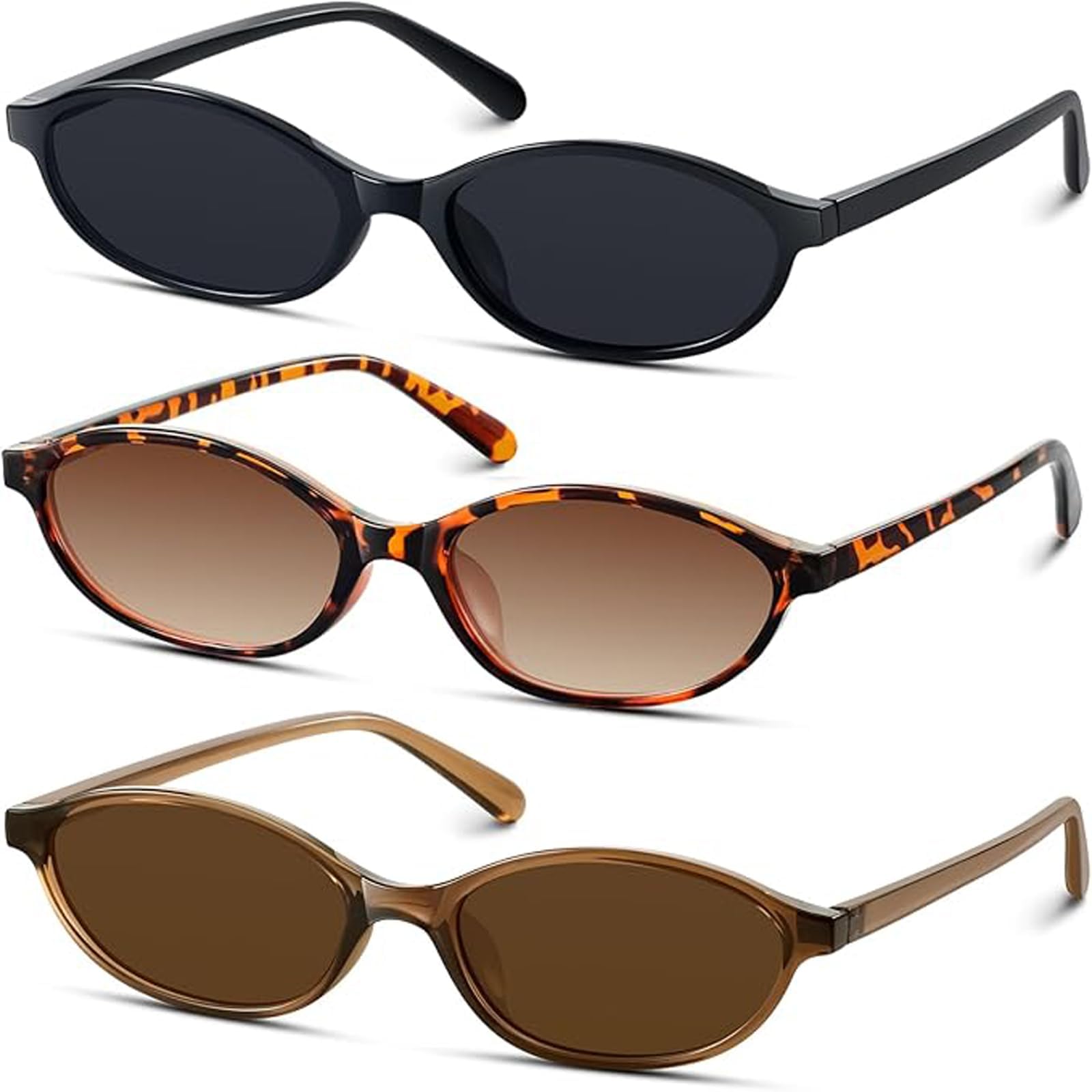Awdchny Retro Oval Sunglasses for Women–Chic Cat Eye 90s Sunnies, Lightweight Narrow Frame Trendy UV Protection Sun Glasses 8057 Black+Brown+Tortoise