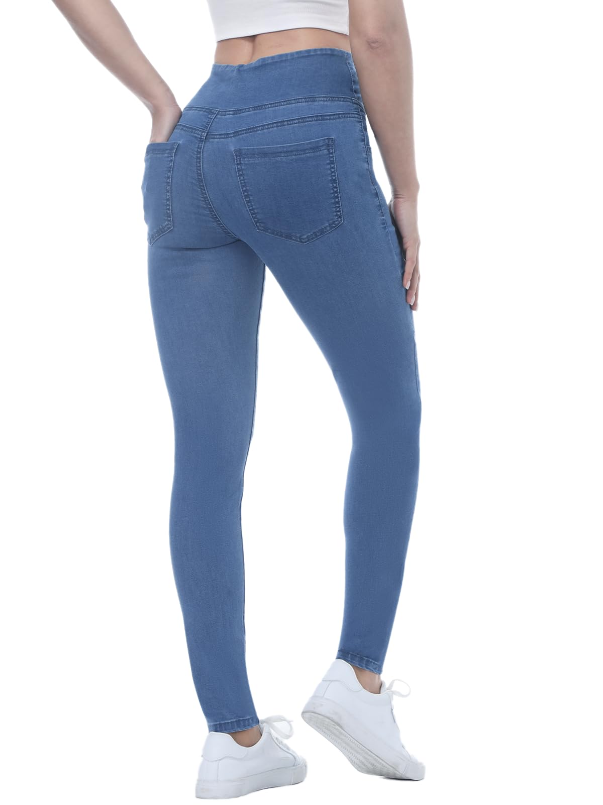 Chasehot Pull-On Skinny Jeans für Damen, dehnbare High-Waist Leggings, trendige Bauchkontrolle, Denim-Jeggings mit Taschen, Dark Wash-L