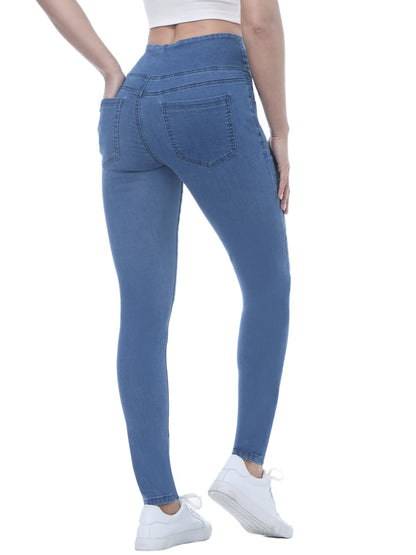 Chasehot Pull-On Skinny Jeans für Damen, dehnbare High-Waist Leggings, trendige Bauchkontrolle, Denim-Jeggings mit Taschen, Dark Wash-L