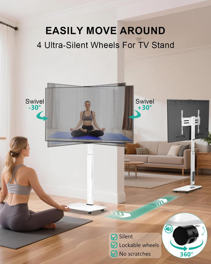 WALI Rolling TV Stand with Power Outlet & AV Shelf, Mobile Tall TV Stand Mount on Wheels for 34-75 inch TV up to 110 lbs, Swivel Height Adjustable TV Cart with Wood Base for Bedroom(TVDVD-6PRW), White