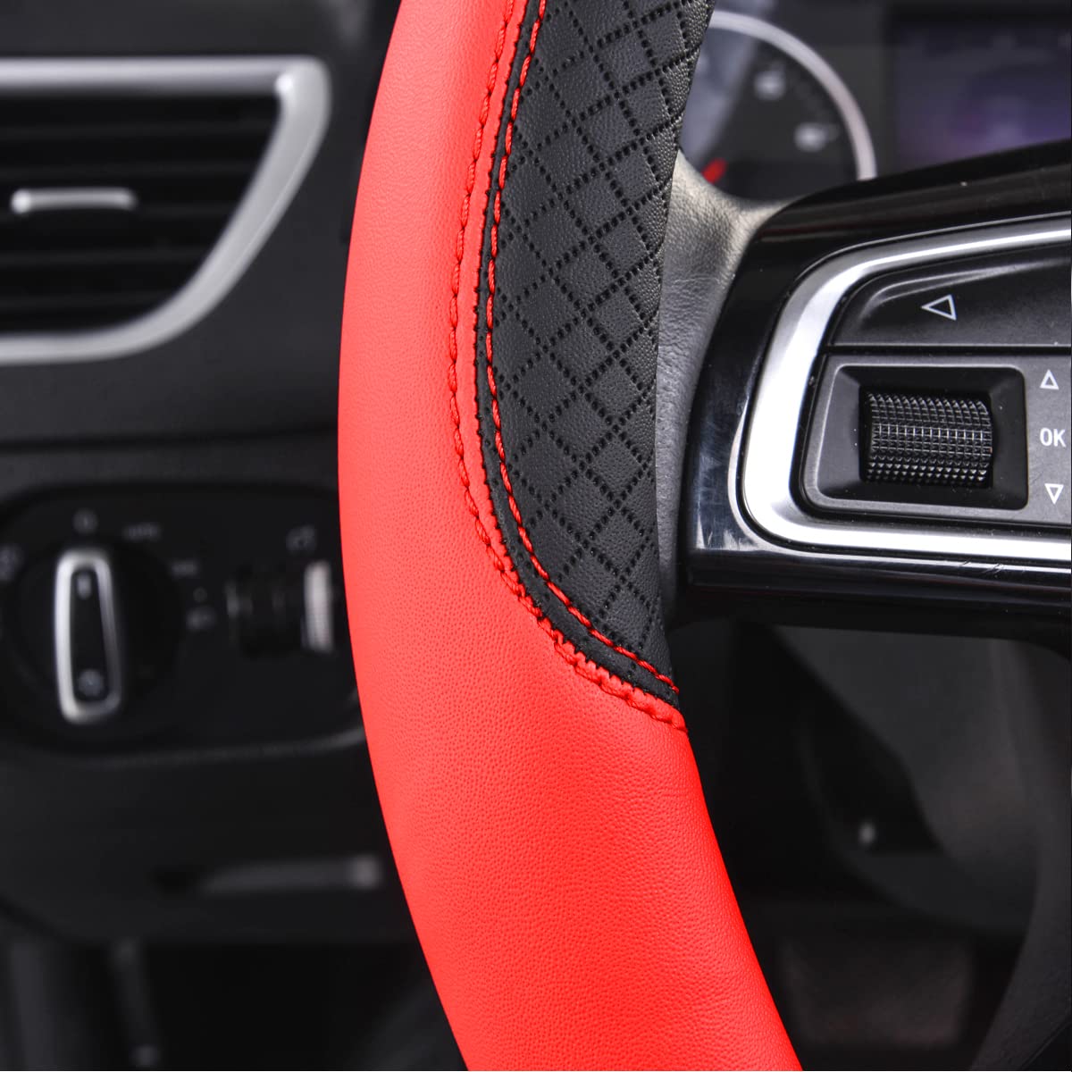 CAR PASS Line Rider Mikrofaser-Leder Sportlicher Lenkradbezug Universal Passend für 95% LKW, SUV, PKW, 36,8-38,1 cm Rutschfest Sicher Bequem Design (Schwarz-Grau)