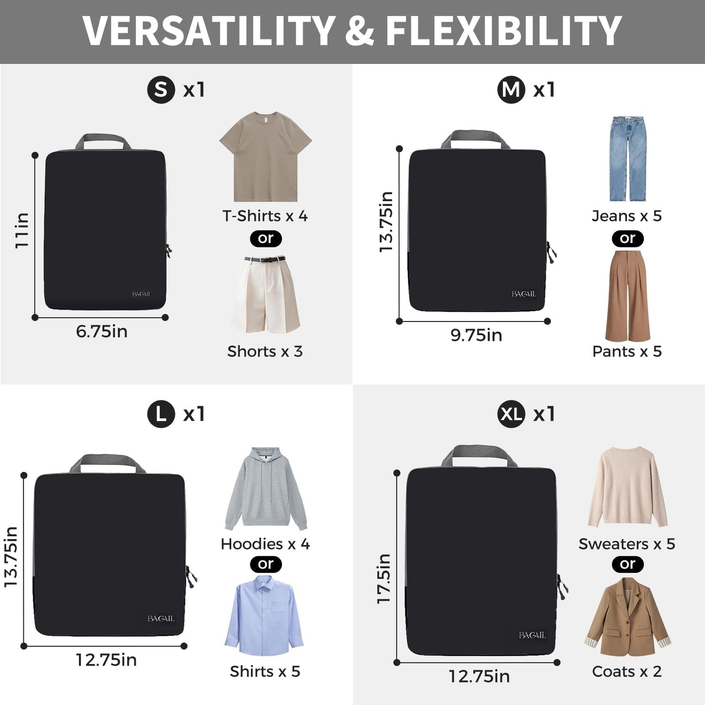 BAGAIL 4er-Set Kompressions-Packwürfel Reise-erweiterbare Packorganizer (Schwarz, 4er-Set)