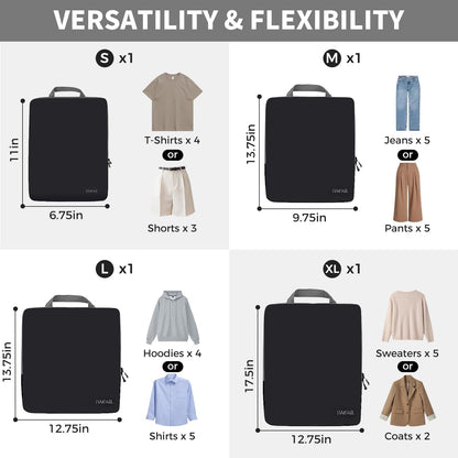 BAGAIL 4er-Set Kompressions-Packwürfel Reise-erweiterbare Packorganizer (Schwarz, 4er-Set)