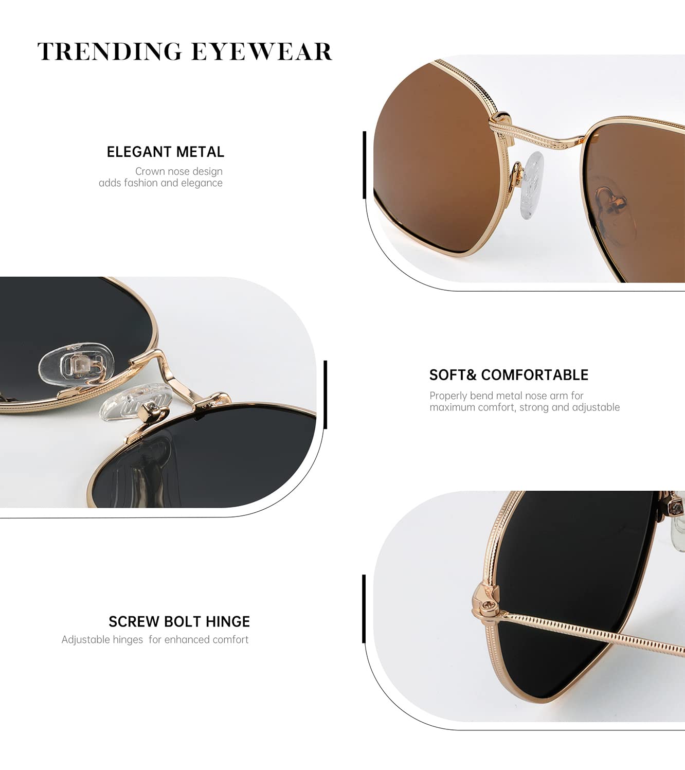 KALIYADI Sonnenbrillen für Damen und Herren Polarisiert Hexagon Damensonnenbrillen Trendy Metallrahmen UV-Schutz (Gold Rahmen Grau Linse)