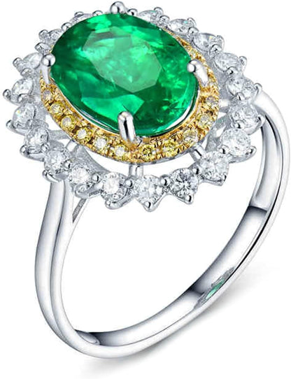18K White Gold Ring 1.93ct Oval Shape Emerald with 0.81ct Diamond Anniversary Ring for Girls