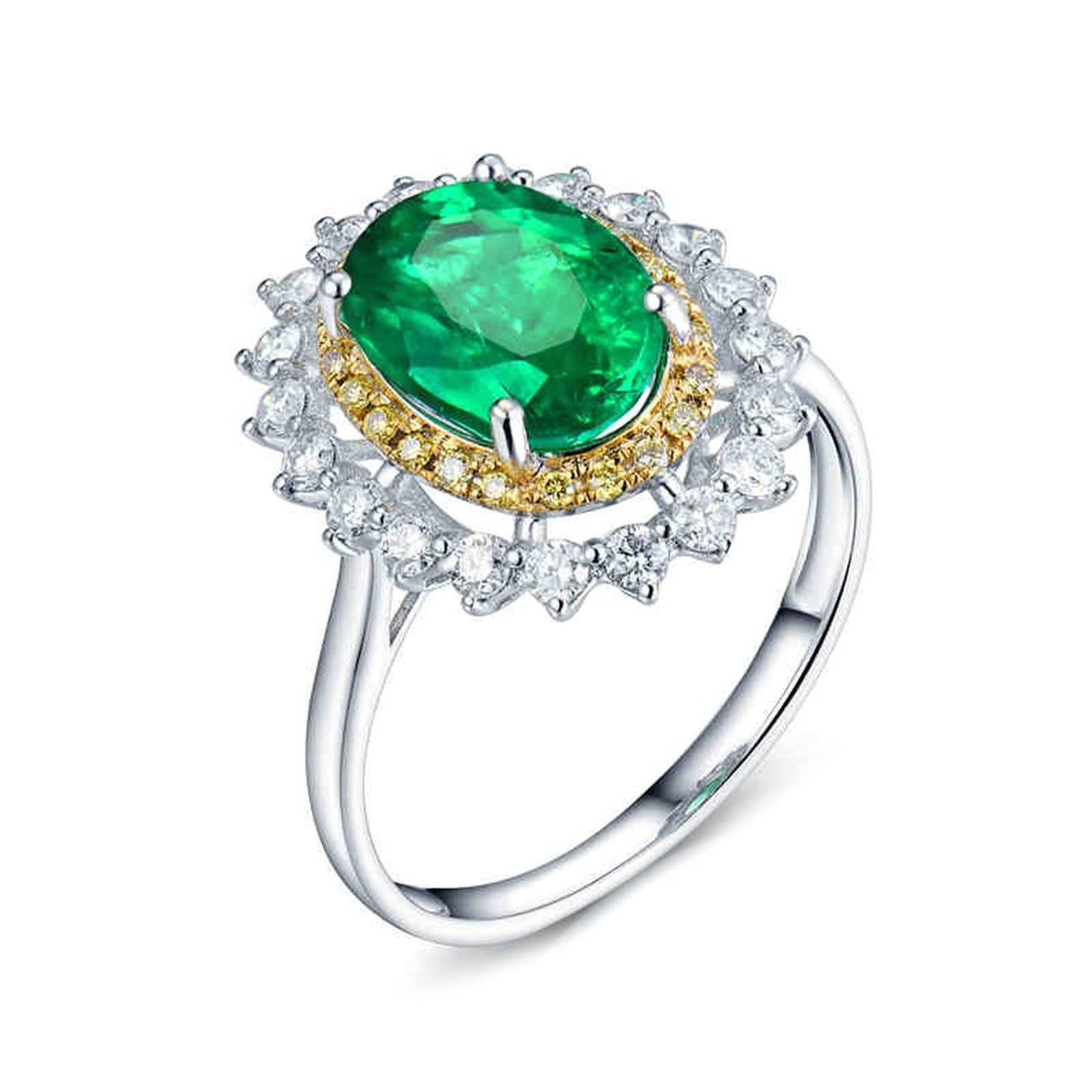 18K White Gold Ring 1.93ct Oval Shape Emerald with 0.81ct Diamond Anniversary Ring for Girls