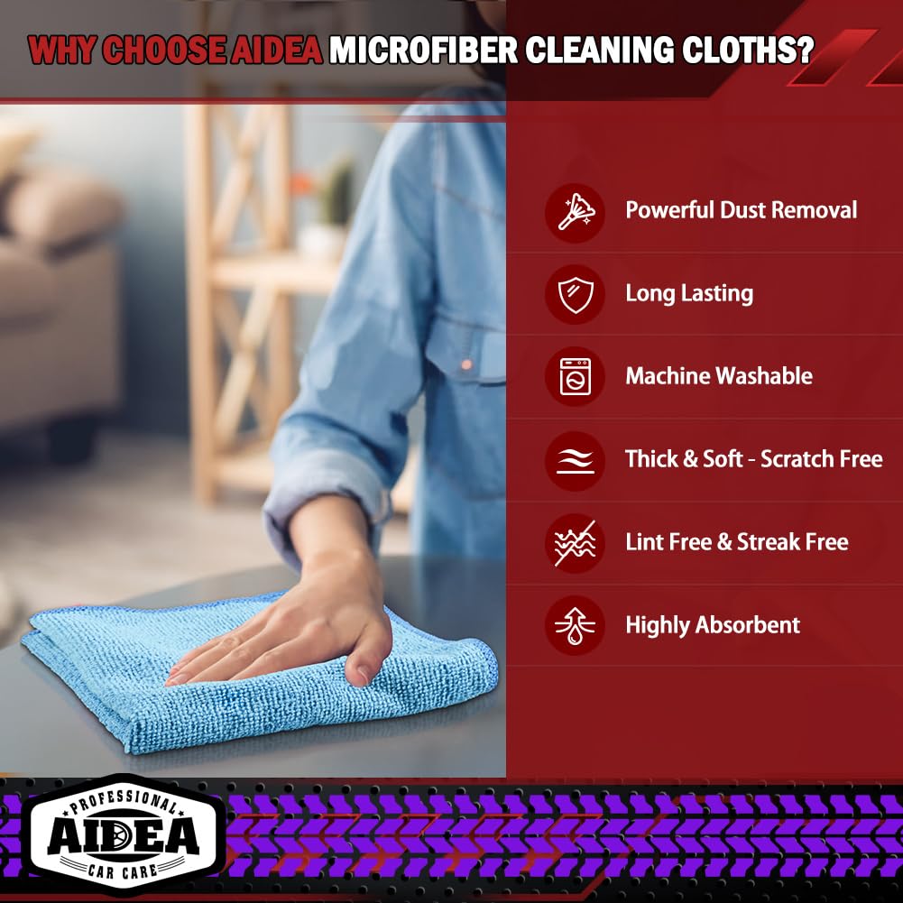 AIDEA Microfiber Cleaning Cloths-50PK, Microfiber Towels for Cars, Premium All-Purpose Car Cloth, Dusting Cleaning Rags, Absorbent Towels for SUVs, House, Kitchen, Window, Gift-12×12"