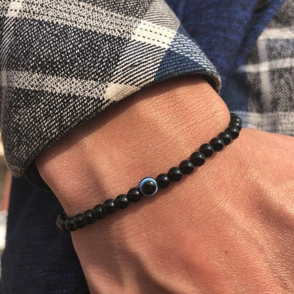 6 mm Böses Auge Armband aus schwarzen Kristallen – verstellbares Set aus Natursteinen für Herren und Damen, Schutzamulett als Geschenk für den Alltag/Geburtstag/Jahrestag