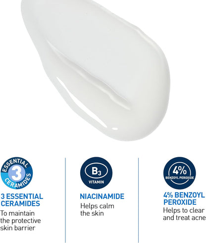 CeraVe 4% Benzoylperoxid Aknebehandlung Schäumendes Reinigungsgel für Gesicht & Körper, mit Hyaluronsäure und Niacinamid. Hilft, Akne-Pickel zu klären und Ausbrüchen vorzubeugen. Sanftes Gel, Parfümfrei, 150ml