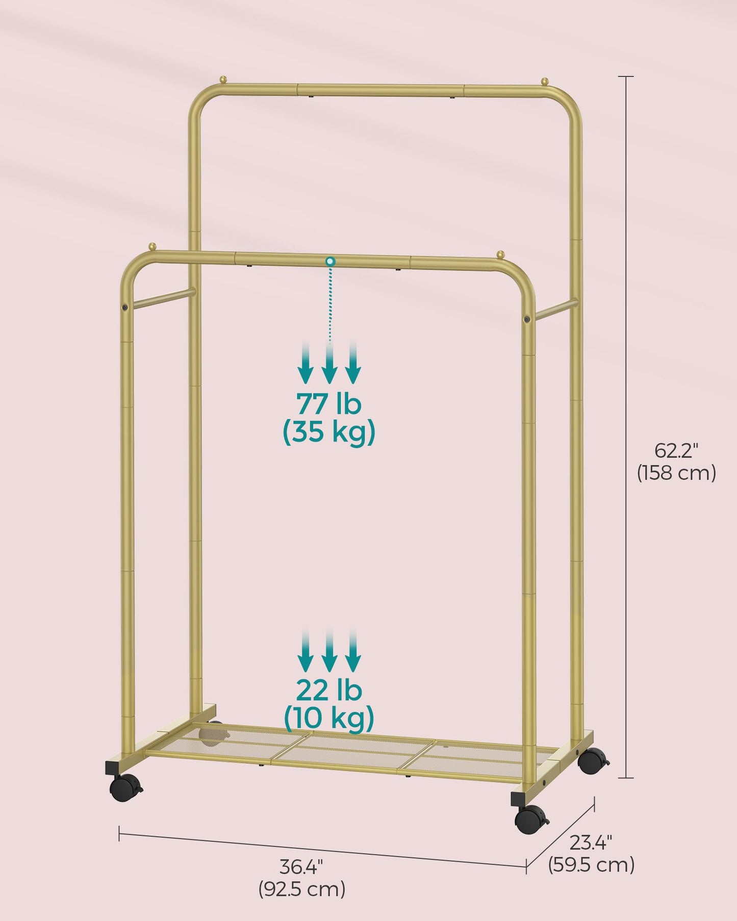 SONGMICS Clothes Rack with Wheels, Clothing Rack for Hanging Clothes, 25.4 mm Metal Garment Rack with Dense Mesh Storage Shelf, 110 lb Load Capacity, 2 Brakes, Black UHSR25BK