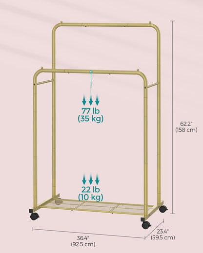 SONGMICS Clothes Rack with Wheels, Clothing Rack for Hanging Clothes, 25.4 mm Metal Garment Rack with Dense Mesh Storage Shelf, 110 lb Load Capacity, 2 Brakes, Black UHSR25BK