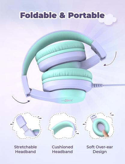 iClever Kinderkopfhörer für Schule und Reisen, sichere Lautstärkebegrenzung, HD-Mikrofon, Stereo-Sound Over-Ear-Kopfhörer für Mädchen und Jungen, FunShare Faltbar, 3,5 mm kabelgebunden für iPad Computer, HS19