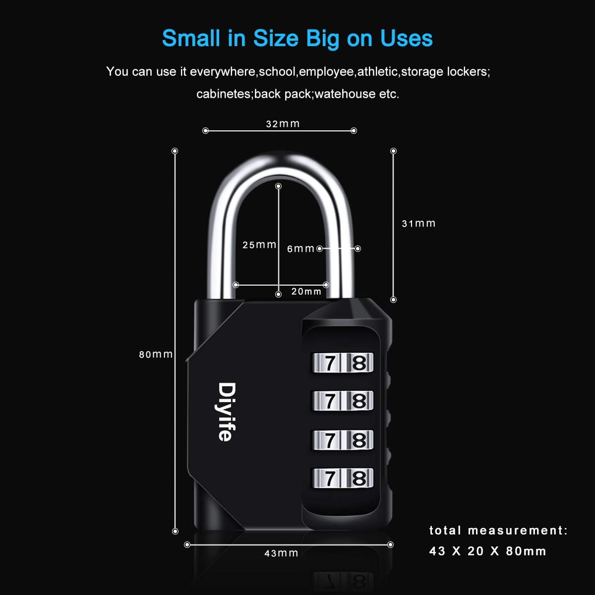 Combination Padlock, Diyife 4 Digit Locker Lock Weatherproof Lock Outdoor Combination Lock for School Gym Locker,Toolbox, Fence, Hasp, Cabinet(Black)