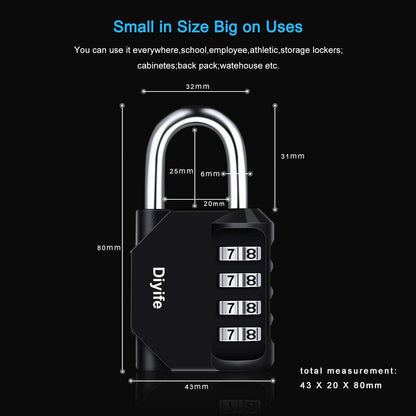 Combination Padlock, Diyife 4 Digit Locker Lock Weatherproof Lock Outdoor Combination Lock for School Gym Locker,Toolbox, Fence, Hasp, Cabinet(Black)