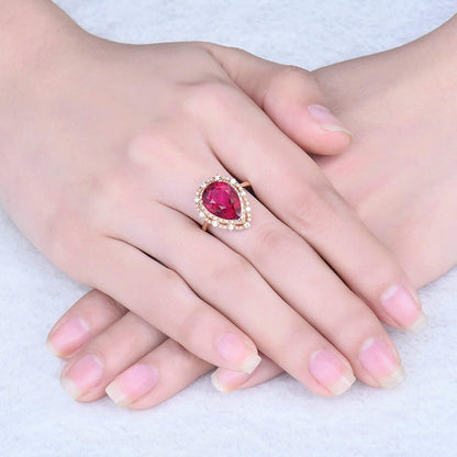 18K Rose Gold Ring 4ct Pear Shape Tourmaline with 0.28ct Diamond Engagement Rings for Girls