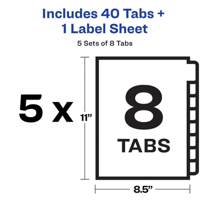 Avery 8 Tab Unpunched Dividers for Use with Any Binding System, Easy Print & Apply Clear Label Strip, Index Maker Customizable White Tabs, 150 Sets Total (6 Packs of 11444)