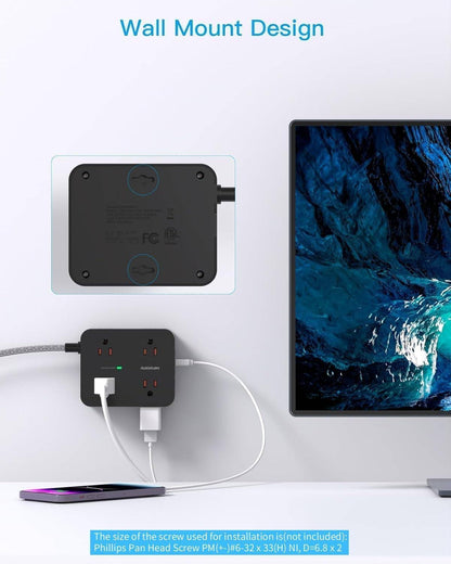 Surge Protector Power Bar - 8 Outlets 4 USB Charging Ports(2 USB C), Power Strip with 5Ft Braided Extension Cord, Flat Plug, Wall Mount Desk USB C Charging Station for Home Office College Essentials