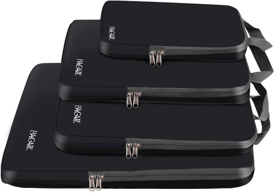BAGAIL 4 Set Compression Packing Cubes Travel Expandable Packing Organizers(Black,4 Set）