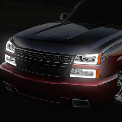 DNA MOTORING HL-LB-CSIL03-BK-CL1 Black Housing 3D LED DRL Headlight Bumper Lamp Set Compatible with 03-06 Silverado 1500-3500 / Avalanche 1500 2500