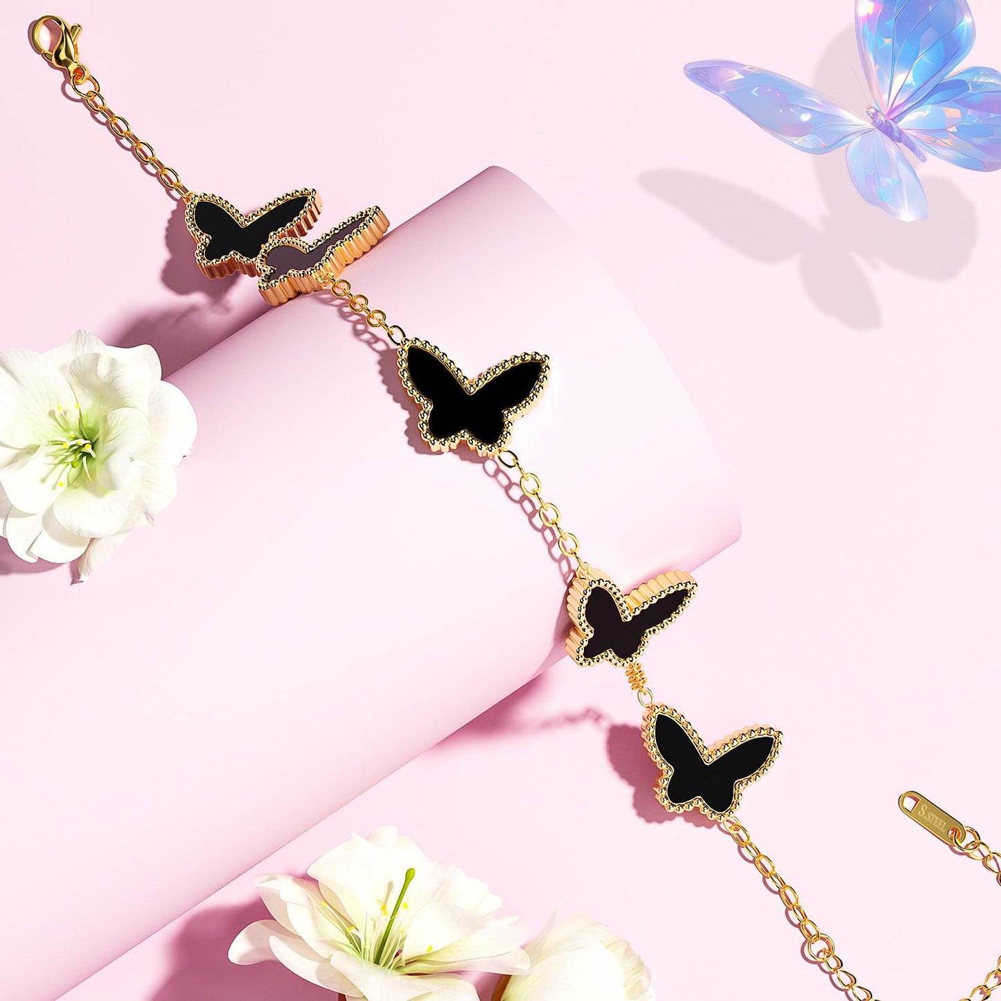 AICase 18K Gold Plated Clover Bracelet Dupes Gold/White/Black Bracelet Set for Women Flower Leaf Lucky Clover Bracelets Trendy Jewelry Birthday Gifts for Women/MoM/Friends