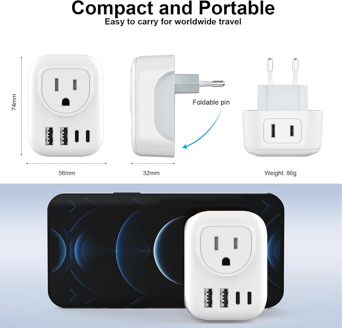 2 Pack European Travel Plug Adapter, VYLEE International Travel Adapter with 2 Outlets 4 USB Ports(2 USB C), 6 in 1 Type C Travel Essentials Charger for US to Most of Europe EU Italy Spain France