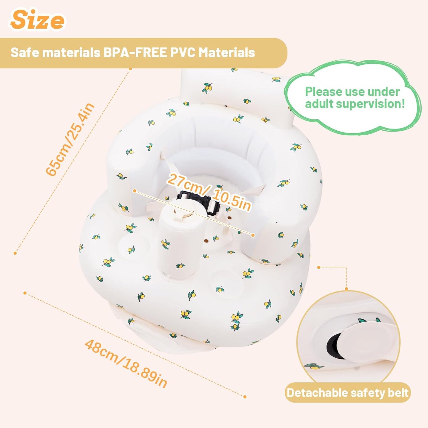 Aufblasbarer Babysitz, aufblasbarer Babystuhl für Babys ab 3 Monaten, aufblasbarer Sommerstuhl mit integrierter Luftpumpe, Baby-Bodensitz zum Sitzenlernen, Spielen, Campen, Orange