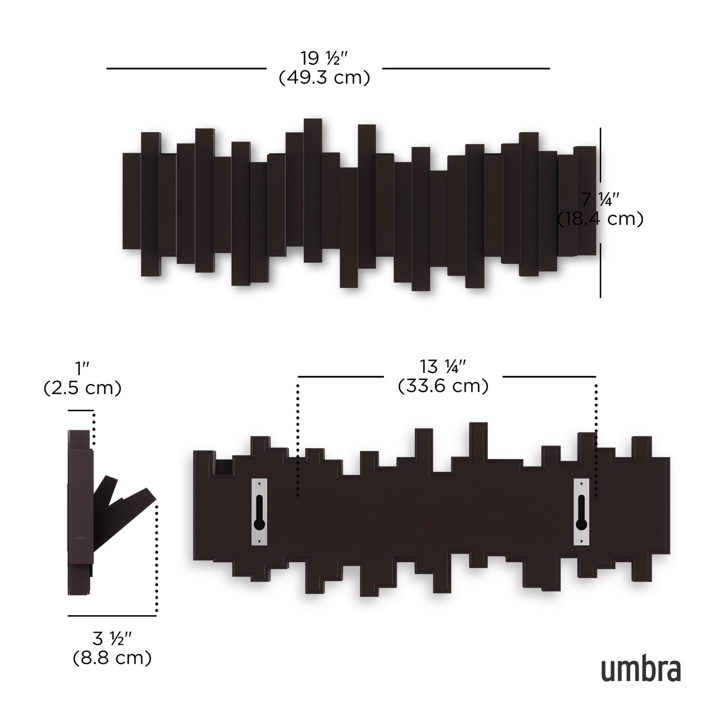 Umbra Sticks Wall-Mounted Coat Rack Rail Hook with 5 Retractable Pegs – Modern, Space-Saving Storage Organizer, Black