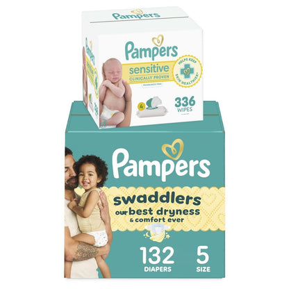 Pampers Swaddlers Disposable Baby Diapers Size 1, One Month Supply (198 Count) with Sensitive Water Based Baby Wipes 6X Pop-Top Packs (336 Count)