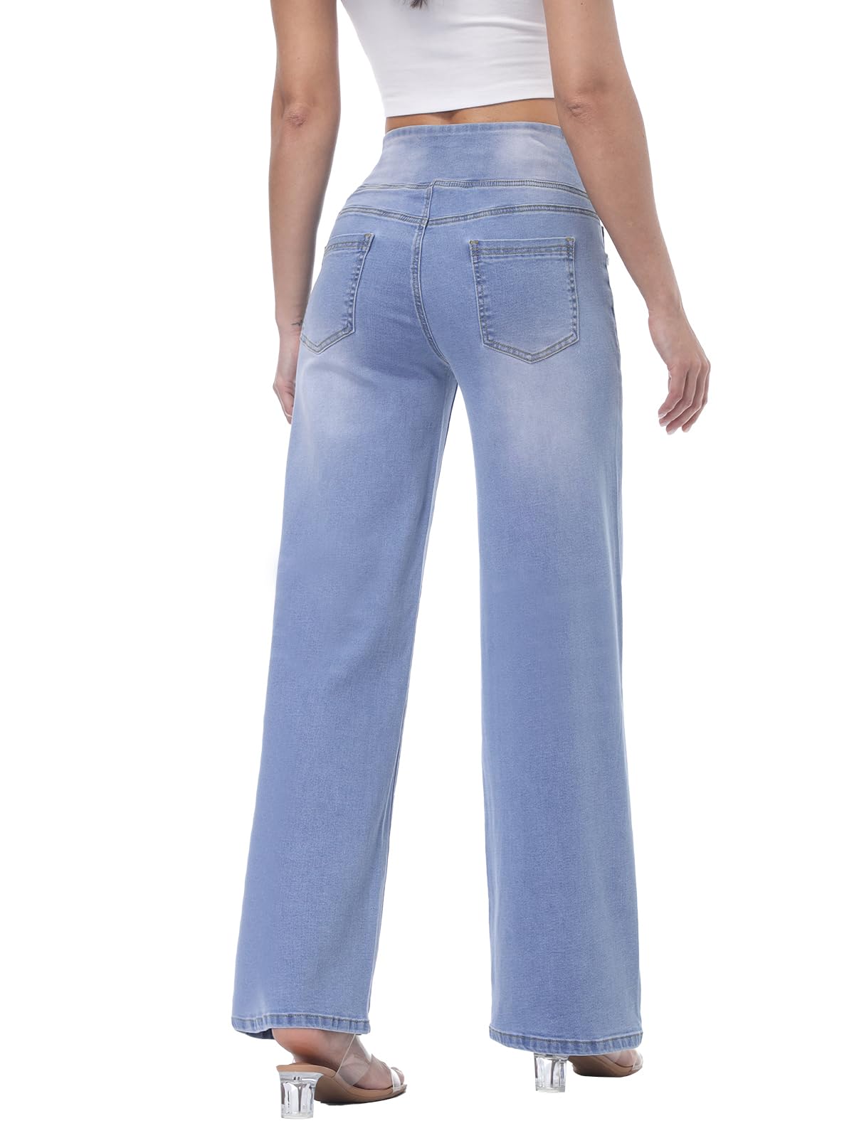 Chasehot Damen Jeans, Weites Bein, zum Reinschlüpfen, High Waist, Stretchy, Baggy, Trendy, Bauchkontrolle, Gerades Bein, Denim, Dunkelindigo Waschung-L
