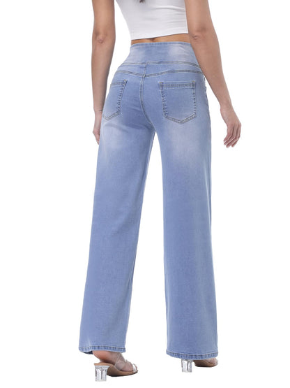 Chasehot Damen Jeans, Weites Bein, zum Reinschlüpfen, High Waist, Stretchy, Baggy, Trendy, Bauchkontrolle, Gerades Bein, Denim, Dunkelindigo Waschung-L